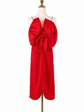 Vintage 80s The Gilberts for Tally Red Satin Giant Bow Dress Size 4 Fits 0–2